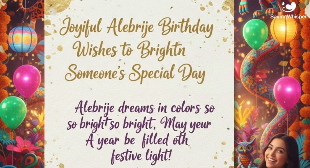 Joyful Alebrije Birthday Wishes to Brighten Someone’s Special Day
"Happy birthday! May your day be colorful and full of joy."
"Wishing you a bright birthday filled with magic and happiness today."
"Happy birthday! Celebrate with joy, laughter, and vibrant Alebrije colors today."
"May your birthday be as lively and cheerful as your spirit."
"Wishing you happiness, fun, and colorful moments on your special day."
"Happy birthday! Let this day shine with joy, love, and magic."
"Celebrate your birthday surrounded by colors, smiles, and fun everywhere today."
"Wishing you a joyful birthday filled with laughter, fun, and vibrant energy."
"Happy birthday! May today be colorful, fun, and full of happy memories."
"Sending you birthday wishes filled with love, smiles, and magical colors."
"Happy birthday! Let your day sparkle with joy, color, and happiness today."
"Wishing you a fun-filled birthday with laughter, love, and cheerful surprises today."
"Happy birthday! May your day be vibrant, bright, and full of happiness."
"Celebrate today with joy, colors, smiles, and unforgettable happy memories always."
"Happy birthday! May laughter, love, and Alebrije magic fill your entire day."
"Wishing you a colorful birthday full of fun, smiles, and happy moments."
"Happy birthday! May your celebration be lively, cheerful, and full of love."
"Sending birthday wishes for joy, happiness, and bright Alebrije-inspired memories today."
"Happy birthday! Let your day be full of magic, color, and happiness always."
"Wishing you a cheerful birthday filled with laughter, love, and vibrant colors today."
Heartfelt Alebrije Birthday Messages for Friends and Family
"Happy birthday! May your day be filled with love, joy, and colorful blessings."
"Wishing you a wonderful birthday surrounded by family, friends, and happy memories."
"Happy birthday! May your heart be full of joy, love, and Alebrije magic."
"Sending warm birthday wishes to brighten your day with love and happiness always."
"Happy birthday! May laughter, smiles, and colorful moments fill your special day."
"Wishing you joy, peace, and unforgettable memories on your beautiful birthday today."
"Happy birthday! May your celebration be full of love, laughter, and vibrant colors."
"Sending heartfelt wishes for a birthday filled with happiness, love, and cheerful moments."
"Happy birthday! May your day be magical, colorful, and full of family love today."
"Wishing you a joyful birthday surrounded by laughter, love, and unforgettable memories."
"Happy birthday! May this special day bring you love, warmth, and cherished moments."
"Sending birthday wishes filled with happiness, smiles, and colorful moments to enjoy today."
"Happy birthday! May your day be full of fun, laughter, and heartwarming memories."
"Wishing you love, joy, and bright Alebrije colors on your birthday celebration today."
"Happy birthday! May your day overflow with happiness, peace, and family togetherness today."
"Sending heartfelt birthday wishes for joy, smiles, and magical moments throughout your day."
"Happy birthday! May laughter, love, and cheerful memories fill your special day today."
"Wishing you a birthday full of joy, warmth, and beautiful Alebrije-inspired moments today."
"Happy birthday! May your heart feel loved and your day be full of color."
"Sending love and happiness your way for a cheerful, colorful, and unforgettable birthday."